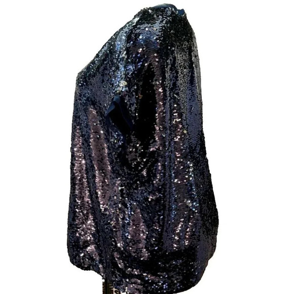 Roaman's 16W Navy Blue Metallic Changing Sequin V-Neck Lined Short Sleeve Blouse - Picture 4 of 5